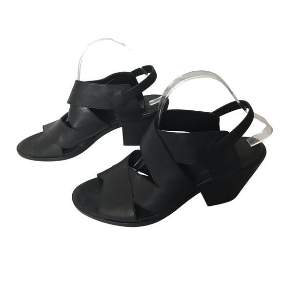 Eileen Fisher Rai Black Leather Chunky Heel Straps Sling Back Sandals Size 10 - Picture 3 of 7